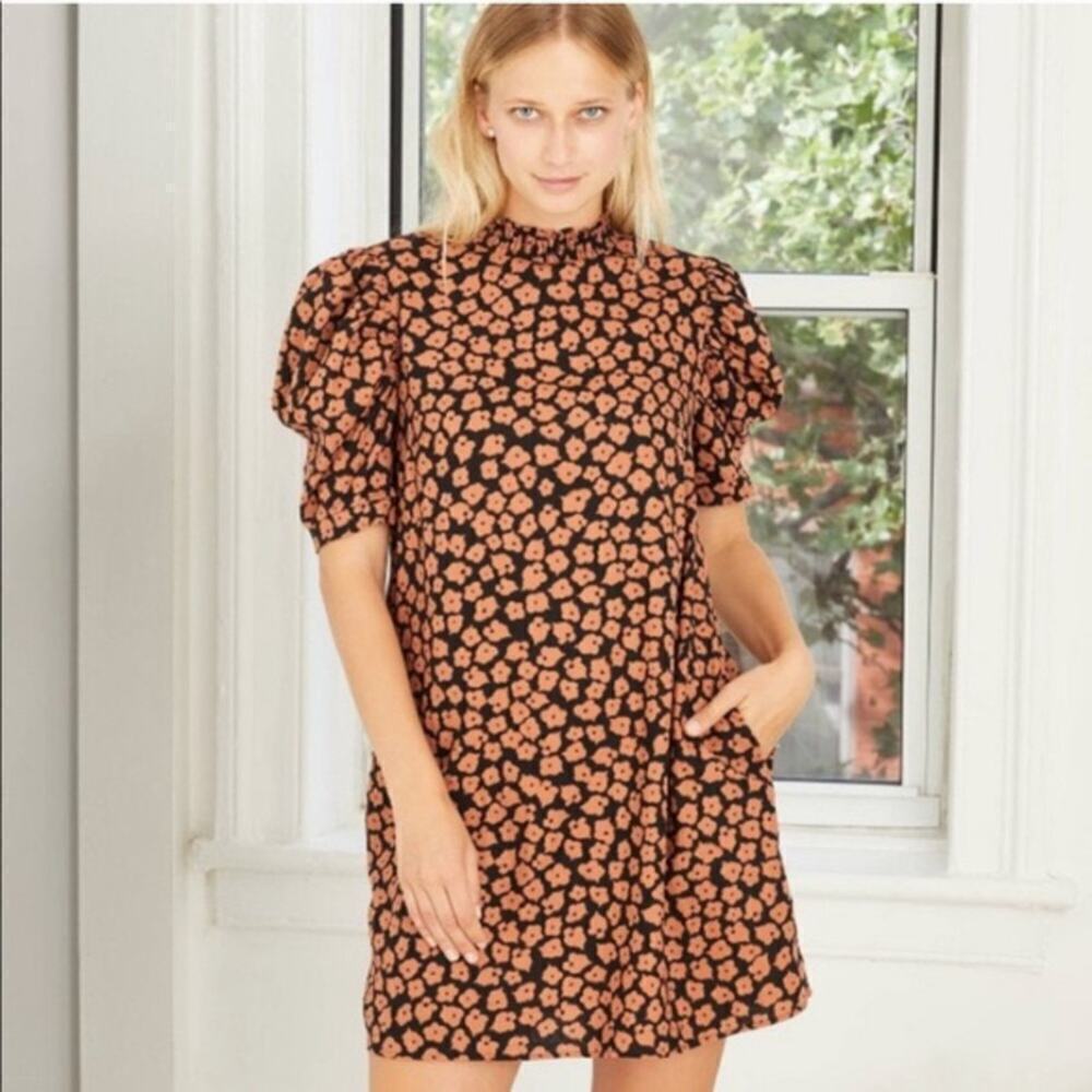 Who What Wear Stamped Floral Shift Dress Black Linen Blend Medium Puff Shoulders